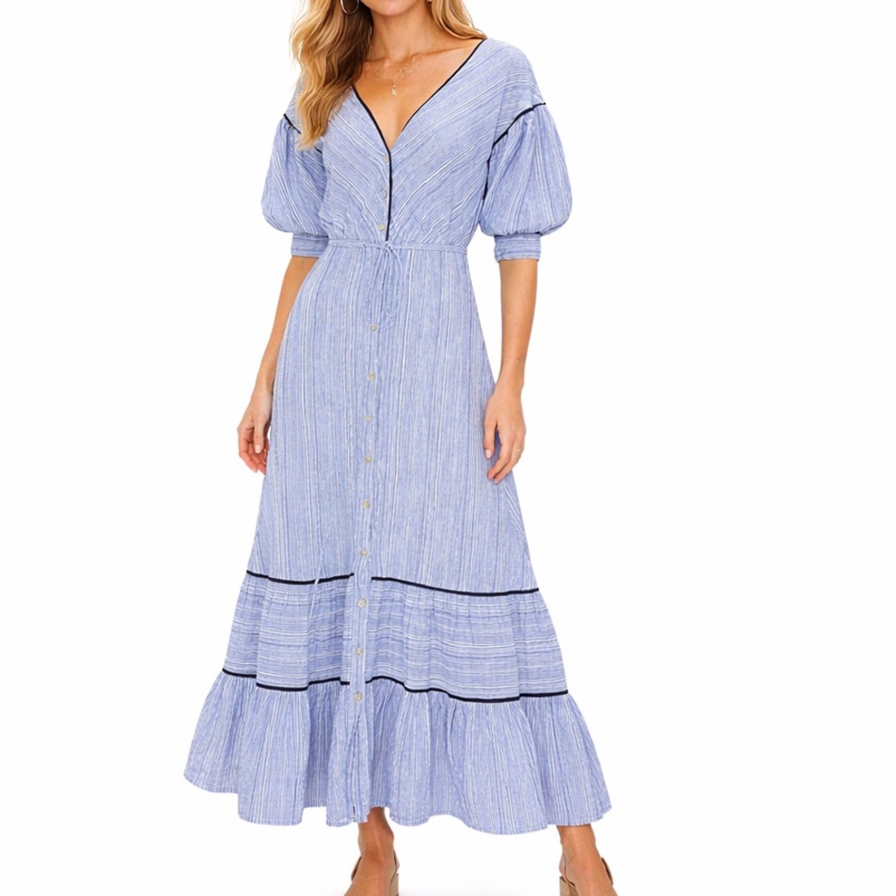 Goretty Medina Linen Maxi Dress Blue White Stripe Puff Sleeve Tiered Doen Style